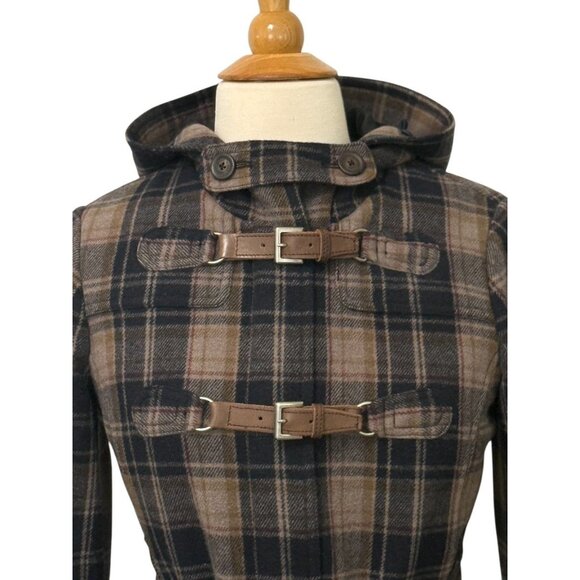 Vintage Juicy Couture Navy Plaid Wool Cashmere Coat Jacket Belted Hooded Size 2 - Picture 3 of 16